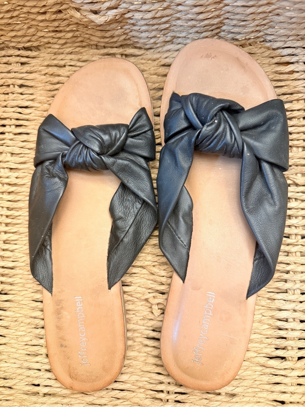 Jeffrey Campbell Black Knot Bow Slide Sandals with Tan Footbed
